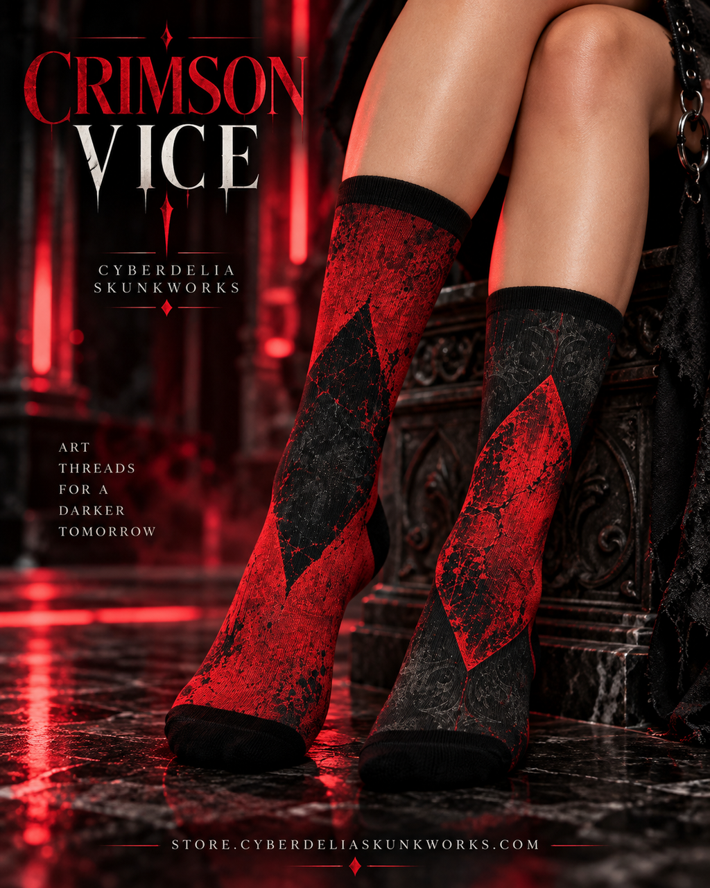 CRIMSON VICE | Diamond Riot Socks All-Over Print Crew Socks | Cyberdelia Skunkworks
