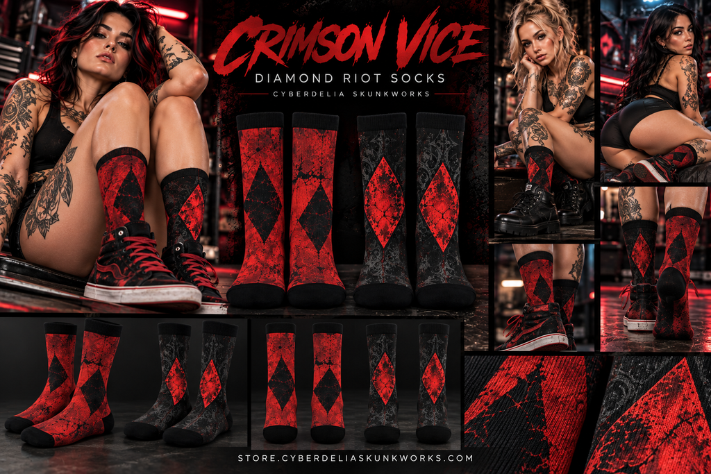 CRIMSON VICE | Diamond Riot Socks All-Over Print Crew Socks | Cyberdelia Skunkworks