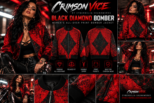 CRIMSON VICE | Black Diamond Bomber Women's All-Over Print Bomber Jacket | Cyberdelia Skunkworks