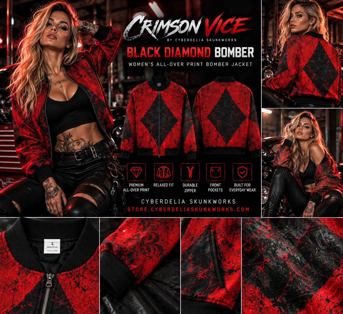CRIMSON VICE | Black Diamond Bomber Women's All-Over Print Bomber Jacket | Cyberdelia Skunkworks